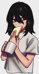  1girl absurdres black_hair bread chainsaw_man cup food highres holding holding_cup looking_to_the_side mano_(manobece) mug nayuta_(chainsaw_man) red_eyes ringed_eyes shirt short_hair simple_background solo white_background white_shirt 