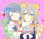  2girls :i an_sin arms_at_sides blue_bow blue_bowtie blue_hair blue_vest bow bowtie character_name closed_eyes diagonal-striped_bowtie drawn_ears drawn_tail drawn_whiskers facing_viewer grabbing_another&#039;s_chin grey_hair grin hair_between_eyes hand_on_another&#039;s_chin heart janomiya_school_uniform kasane_ao kureha_yuna long_hair long_sleeves looking_at_another loose_bowtie low_twintails magia_record:_mahou_shoujo_madoka_magica_gaiden mahou_shoujo_madoka_magica multiple_girls open_collar pink_background school_uniform shirt sleeves_past_elbows sleeves_rolled_up smile snake sparkle spiky_hair swept_bangs twintails upper_body very_long_hair vest white_bow white_bowtie white_shirt white_sleeves yellow_eyes 