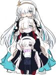  3girls a.r.o.n.a_(blue_archive) absurdres anastasia_(fate) black_coat black_serafuku blue_archive coat crossover fate/grand_order fate_(series) full_body gameplay_mechanics grey_eyes hair_ornament hair_over_one_eye hairband halo hands_on_another&#039;s_head hands_on_another&#039;s_shoulders height_difference highres holding holding_paper isekai_joucho kamitsubaki_studio long_hair long_sleeves looking_at_viewer multicolored_hair multiple_crossover multiple_girls open_clothes open_coat paper parted_lips pleated_skirt school_uniform serafuku sesield sidelocks simple_background size_difference sketch skirt standing trait_connection transparent transparent_halo two-tone_hair virtual_youtuber white_background white_hair zipper_pull_tab 