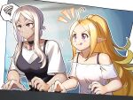  2girls arcade aversa_(fire_emblem) betabetamaru black_choker blonde_hair bra_strap breasts choker commentary_request commission contemporary english_commentary facial_mark fire_emblem fire_emblem_awakening highres long_hair medium_breasts mixed-language_commentary motion_lines multiple_girls nowi_(fire_emblem) off-shoulder_shirt off_shoulder playing_games pointy_ears ponytail red_eyes shirt sidelocks skeb_commission small_breasts smile spoken_squiggle squiggle sweat tan tongue tongue_out very_long_hair violet_eyes wavy_mouth white_hair white_shirt 