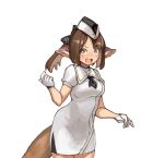  1girl animal_ear_fluff animal_ears arknights black_headwear blue_archive blush breasts brown_eyes brown_hair chocolatice collared_dress cowboy_shot dress garrison_cap gloves hand_up hat looking_at_viewer medium_breasts open_mouth parted_bangs perfumer_(arknights) ponytail puffy_short_sleeves puffy_sleeves short_sleeves simple_background solo surprised sweat v-shaped_eyebrows white_background white_dress white_gloves 