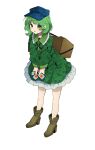  1girl ability_card_(touhou) absurdres blue_headwear boots box brown_footwear camouflage camouflage_dress camouflage_headwear camouflage_jacket card commentary dress flat_cap full_body green_dress green_eyes green_hair hat high_heel_boots high_heels highres holding holding_card jacket key long_sleeves looking_at_viewer open_mouth pocket revision short_hair simple_background solo standing touhou white_background yamashiro_takane yugiri_(yugiri_picture) 