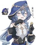  1girl artist_name bare_shoulders belt black_gloves blue_belt blue_hair blush breasts closed_eyes coin crying crystal detached_sleeves drill_hair genshin_impact genshin_impact_sticker_redraw_(meme) gloves gold_trim hair_between_eyes hands_up highres holding holding_coin layla_(genshin_impact) long_hair long_sleeves medium_breasts meme open_mouth ponytail puffy_detached_sleeves puffy_long_sleeves puffy_sleeves sae_ki_3105 shirt sidelocks solo star_(symbol) tears thighlet triangle white_shirt 