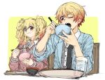  1boy 1girl blonde_hair bnna-0208 brother_and_sister cardigan chopsticks cup dress_shirt drinking_glass eating gradient_hair holding holding_chopsticks jacket lapels multicolored_hair one_eye_closed pink_eyes pink_hair project_sekai shirt siblings simple_background tenma_saki tenma_tsukasa twintails 