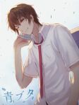  1boy ahoge azusagawa_sakuta bag brown_eyes brown_hair closed_mouth highres lnklo male_focus necktie one_eye_closed pink_background red_necktie school_bag seishun_buta_yarou shirt short_hair sidelocks simple_background solo white_shirt 