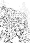  1boy 1girl absurdres armor au_ra avatar_(ff14) building commentary commission english_commentary final_fantasy final_fantasy_xiv g_studio greyscale hetero highres horns kiss kissing_forehead long_hair monochrome outdoors roegadyn scales skirt 