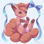  :&lt; absurdres blue_background blue_ribbon brown_eyes closed_mouth hands_up highres ibusaki_(ivu) legs_up looking_ahead pawpads pokemon pokemon_(creature) red_fur ribbon sitting sitting_on_own_tail tail twitter_username vulpix white_fur 