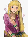  1girl :d blonde_hair blue_eyes blunt_bangs bracelet collarbone commentary_request hair_ribbon hand_on_own_chest hand_up heart highres jewelry long_hair open_mouth pink_shirt pointy_ears princess_zelda ribbon rotennnnn shirt sitting smile solo teeth the_legend_of_zelda the_legend_of_zelda:_skyward_sword tress_ribbon 