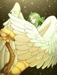  1girl absurdres ahoge amearareeeeeeee bird_legs breasts commentary_request feathered_wings feathers green_hair harpy highres long_hair monet_(one_piece) monster_girl one_piece smile solo striped talons white_wings winged_arms wings yellow_eyes 