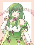  1girl :d bare_shoulders cape detached_sleeves dress fire_emblem fire_emblem:_mystery_of_the_emblem fire_emblem_heroes flower green_dress green_eyes green_hair hair_flower hair_ornament long_hair looking_at_viewer open_mouth palla_(fire_emblem) palla_(resplendent)_(fire_emblem) sidelocks smile solo upper_body yoshioriri 