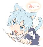  1girl animal_ears apron back_bow blue_dress blue_eyes blue_hair bow cat_ears cat_girl cat_tail character_request copyright_request crossed_bangs dress extra_ears fang female_child flat_chest hair_between_eyes ham_(points) light_blue_hair maid maid_apron mole mole_under_eye open_mouth simple_background skin_fang solo tail tail_raised white_apron white_background white_bow 