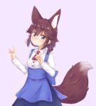  1girl animal_ears blush breasts brown_hair fox_ears fox_shadow_puppet fox_tail highres kuramoto_takato looking_at_viewer machikado_mazoku neckerchief open_mouth red_neckerchief shiny_skin short_hair simple_background small_breasts solo tail violet_eyes yoshida_ryouko 