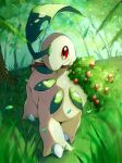  all_fours bayleef berry closed_mouth falling_leaves forest grass kou11021301 leaf looking_at_viewer nature on_grass outdoors pokemon pokemon_(creature) red_eyes stick tree walking 
