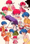  backpack bag barefoot blue_bag blue_eyes blue_hair book braid braided_ponytail corn cosplay dress feet fish food highres kusakabe_mei kusakabe_mei_(cosplay) kusakabe_satsuki oogaki_kanta oogaki_kanta_(cosplay) pink_dress ranma_1/2 red_bag redhead sanamaru_(sana79261827) saotome_ranma short_hair simple_background susuwatari tendou_akane tonari_no_totoro yellow_eyes yellow_footwear 