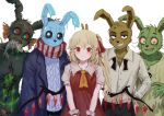1girl 4boys animal_ears black_sclera blonde_hair clone colored_sclera copyright_request fish flandre_scarlet furry glowing glowing_eyes grin head_fins himuhino looking_at_viewer mouth_hold multiple_boys no_headwear one_side_up rabbit_ears red_eyes scar sharp_teeth smile teeth touhou wings zombie