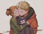  1boy 1girl animification blonde_hair brother_and_sister closed_eyes female_child holding holding_stuffed_toy hood hoodie karen_mccormick kenny_mccormick kiss kissing_cheek male_child mysterion orange_hoodie pantygnomes siblings south_park stuffed_toy 
