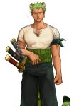  1boy animal_ears annoyed dongdy_tk green_hair green_tail highres male_focus muscular muscular_male one_piece pants roronoa_zoro shirt simple_background sword tail tiger_ears tiger_tail weapon white_background white_shirt 