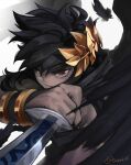  1boy absurdres angel angel_wings black_hair black_wings dark_pit feathered_wings feathers grey_background highres holding holding_weapon kid_icarus kid_icarus_uprising laurel_crown male_focus red_eyes scarvii solo twitter_username upper_body weapon wings 