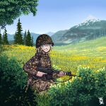  1girl absurdres ammunition_pouch austria battle_rifle blonde_hair blue_eyes camouflage camouflage_jacket camouflage_pants entrenching_tool fn_fal forest gun helmet highres holding holding_gun holding_weapon jacket load_bearing_equipment meadow military military_helmet military_uniform mountainous_horizon nature one_knee original ostwindprojekt outdoors pants pouch rifle scenery signature sky sling_(weapon) trigger_discipline uniform weapon 
