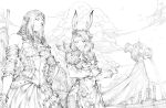  1other 2girls animal_ears avatar_(ff14) carrying carrying_person child clouds commentary commission detached_sleeves dress elezen elf english_commentary final_fantasy final_fantasy_xiv flower forehead_jewel g_studio greyscale hair_flower hair_ornament highres in-universe_location long_hair monochrome multiple_girls outdoors pointing pointy_ears rabbit_ears sleeveless sleeveless_dress statue viera 