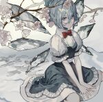  1girl absurdres arm_support blue_bow blue_dress blue_eyes blue_hair bow bowtie branch cherry_blossoms cirno collared_shirt commentary cowboy_shot cyrintheum detached_wings dress hair_between_eyes hair_bow highres ice ice_wings looking_at_viewer red_bow red_bowtie shirt short_hair sitting touhou wariza white_shirt wings 
