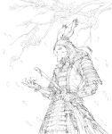  1girl absurdres animal_ears armor avatar_(ff14) branch commentary commission english_commentary falling_petals final_fantasy final_fantasy_xiv g_studio gloves greyscale highres japanese_armor long_hair monochrome petals rabbit_ears samurai_(final_fantasy) solo viera 