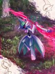  arms_up black_sclera colored_sclera commentary_request gallade gardevoir grass highres holding holding_weapon iron_valiant leg_up partially_colored pokemon pokemon_(creature) red_eyes standing standing_on_one_leg tanso1919 weapon 