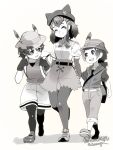  1boy 2girls :d androgynous animal_ear_headwear arms_at_sides backpack bag belt black_gloves bow bowtie closed_eyes closed_mouth collarbone detached_sleeves full_body gloves greyscale hands_up hat hat_feather height_difference helmet high-waist_skirt highres kemono_friends kemono_friends_2 kemono_friends_3 kyururu_(kemono_friends) leaning_forward long_hair looking_at_another low_ponytail medium_hair miniskirt monochrome multiple_girls open_mouth pants pantyhose pantyhose_under_shorts pith_helmet ponytail riri_(dgra3272) shirt shoes short_sleeves shorts shoulder_bag side-by-side sidelocks skirt smile tail translation_request vest walking 