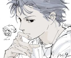  1boy brown_eyes closed_mouth expressionless finger_to_mouth grey_hair highres looking_to_the_side male_focus n9c4z shirt shitara_seiji sketch solo tokimeki_memorial wavy_hair white_background white_shirt 