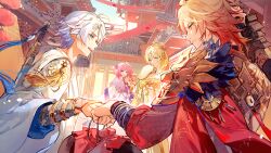  2boys 2girls aglaea_(honkai:_star_rail) alternate_costume aqua_eyes architecture armor blonde_hair blue_eyes chinese_clothes closed_mouth commentary_request cyrene_(honkai:_star_rail) day east_asian_architecture fist_bump flower hair_flower hair_ornament hand_fan hanfu highres holding holding_fan honkai:_star_rail honkai_(series) lantern looking_at_another multiple_boys multiple_girls mydei_(honkai:_star_rail) open_mouth orange_eyes outdoors paper_lantern phainon_(honkai:_star_rail) pink_hair pink_hanfu sakuramochi1003 short_hair shoulder_armor smile sword upper_body weapon weapon_on_back white_hair yellow_hanfu 