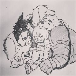 1girl 2015 2d 4boys ambiguous_gender anthro armor bandaid bandaid_on_knee child closed_eyes dog dog_boy dog_girl dogamy dogaressa doggo_(undertale) frisk_(undertale) furry furry_female furry_male greater_dog hand_on_another's head headpat horizontal-striped_clothes horizontal-striped_shirt human inktober lesser_dog open_mouth pen_(medium) polarain short_hair simple_background striped_clothes striped_shirt tongue tongue_out traditional_media undertale utdr_(toby_fox)