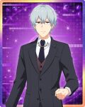  1boy black_necktie buttons clenched_hand closed_mouth collared_shirt formal glasses grey_eyes grey_hair hair_between_eyes hazama_michio idolmaster idolmaster_side-m idolmaster_side-m_growing_stars long_sleeves male_focus necktie official_art shirt 