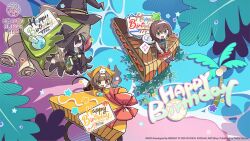  3girls aoi_erika asakura_karen_(heaven_burns_red) birthday_cake black_hair bow cake cake_slice covered_eyes food green_eyes hair_over_one_eye happy hat heaven_burns_red highres hood hood_up hooded_jacket jacket long_hair long_sleeves multiple_girls official_art red_eyes shirt short_hair tail tenne_miko very_long_hair vest white_shirt witch_hat yellow_eyes yostar 