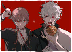  2boys blood blood_on_weapon brown_hair food gintama hair_between_eyes holding holding_food holding_sword holding_weapon japanese_clothes katana long_sleeves male_focus multiple_boys okita_sougo open_mouth qyzhiaiyisheng red_background red_eyes sakata_gintoki short_hair sword upper_body weapon white_hair 