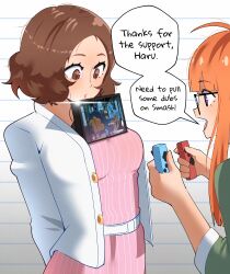  2girls absurdres breasts brown_hair dress gjh highres jacket joy-con looking_at_another medium_breasts multiple_girls nintendo_switch okumura_haru orange_hair persona persona_5 persona_5_scramble:_the_phantom_strikers pink_dress sakura_futaba short_hair violet_eyes white_jacket 