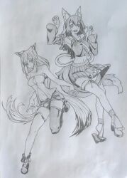  2girls animal_ears bare_shoulders detached_sleeves fox_ears fox_girl fox_tail graphite_(medium) greyscale highres hololive lineart long_hair long_sleeves looking_at_viewer mechanical_pencil monochrome multiple_girls ookami_mio ookami_mio_(1st_costume) open_mouth pencil sergent_magnom shirakami_fubuki shirakami_fubuki_(1st_costume) sketch smile tail tail_wrap traditional_media virtual_youtuber white_background white_hair wolf_ears wolf_girl wolf_tail 