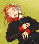  1boy absurdres akai_suzaku blonde_hair cat closed_eyes drooling fukai_(yas_lions) grass hair_down hands_on_own_chest hat highres idolmaster idolmaster_side-m lying male_focus multicolored_hair nyako_(idolmaster) on_back open_mouth redhead scarf sleeping track_suit zipper_pull_tab 
