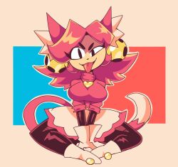  1girl animal_ear_fluff animal_ears bell black_eyes boots breasts cat_ears cat_girl cat_tail dot_nose english_commentary gloves hair_bell hair_ornament heart heart_necklace highres jewelry large_breasts mad_mew_mew necklace pink_hair pink_shirt pink_trim shirt sitting skirt solo tail thick_eyebrows tommy_tornad0 tongue tongue_out turtleneck turtleneck_shirt undertale white_boots white_gloves white_skirt 