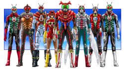  1girl 6+boys antennae armor belt bodysuit boots breasts bug electro_wave_human_tackle gloves glowing glowing_eyes green_armor green_eyes helmet highres horns kamen_rider kamen_rider_(1st_series) kamen_rider_1 kamen_rider_2 kamen_rider_amazon kamen_rider_amazon_(series) kamen_rider_stronger kamen_rider_stronger_(series) kamen_rider_v3 kamen_rider_v3_(series) kamen_rider_x kamen_rider_x_(series) kamen_rider_zeztz_(series) looking_at_viewer male_focus mask multiple_boys red_eyes red_scarf rider_belt riderman scarf single_horn solo standing taiga_hiroyuki tokusatsu typhoon_(kamen_rider) 