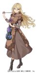  1girl black_footwear blonde_hair boots bow_(music) brown_dress copyright dress enkiri_dion full_body holding holding_instrument instrument long_hair macco simple_background solo violet_eyes violin warau_ars_notoria white_background 