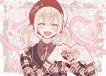  1girl azusawa_kohane blonde_hair brooch closed_eyes flower hand_up happy happy_birthday hat heart heart_hands jewelry looking_at_viewer petals project_sekai ribbon short_twintails smile twintails wandahoi_hana 