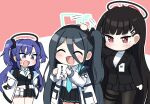  3girls ^_^ absurdly_long_hair aris_(blue_archive) black_hair black_vest blue_archive blue_necktie chibi closed_eyes halo headpat id_card jacket long_hair mechanical_halo multiple_girls necktie no_mouth off_shoulder one_side_up open_clothes open_jacket pantyhose purple_hair rio_(blue_archive) school_uniform smile sweat thershr6s twintails very_long_hair vest violet_eyes yuuka_(blue_archive) 
