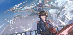  1boy absurdres bird black_hair black_shirt blonde_hair blue_jacket card d-wheel dated dove dragon duel_monster facial_mark fudo_yusei happy_birthday helmet highres holding holding_card holding_helmet jacket multicolored_hair nrkse0n red_helmet shirt solo_focus stardust_dragon streaked_hair trading_card two-tone_hair unworn_headwear unworn_helmet violet_eyes yu-gi-oh! yu-gi-oh!_5d's 