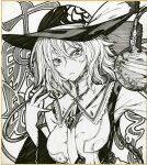  1girl breasts character_name closed_mouth collar commentary_request floral_print greyscale hair_between_eyes hat heart highres ishida_kazuma komeiji_koishi large_breasts looking_at_viewer monochrome rose_print shikishi solo third_eye touhou traditional_media upper_body 