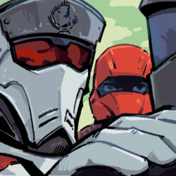  3boys akakichi_no_eleven_redraws eyes_visible_through_eyewear gloves hand_on_another&#039;s_shoulder helldiver_(helldivers) helldivers_(series) helmet military_uniform multiple_boys phantom_ix_row staring 