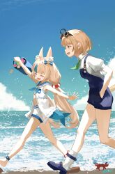 2girls :d absurdres ahoge animal_ear_fluff arm_up bare_arms beach bikini bikini_under_clothes black_hair blonde_hair blue_bikini blue_bow blue_hair blue_overalls blue_sailor_collar blue_shoes blue_sky blunt_bangs bow bucket closed_eyes clouds collared_shirt commentary day dooby_(vtuber) dress english_commentary fins fish_girl fish_tail frilled_shirt_collar frills green_eyes hair_bow hands_in_pockets highres holding holding_bucket indie_virtual_youtuber kaniki_(sameko_saba) lifebuoy_hair_ornament low_twintails mouse_girl mouse_tail multicolored_hair multiple_girls ocean one_side_up open_mouth outdoors outstretched_arms overalls partially_unbuttoned puffy_short_sleeves puffy_sleeves sailor_collar sailor_dress sameko_saba sandals seashell shell shirt shoes short_hair short_shorts short_sleeves shorts sky skytofu sleeveless sleeveless_dress smile socks streaked_hair striped_bikini striped_clothes swimsuit tail twintails virtual_youtuber walking white_dress white_hair white_shirt white_shorts white_socks 
