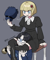  1boy 1girl absurdres asphyxiation black_boots black_dress black_hair blonde_hair blue_eyes blue_jacket blush boots dress evil_smile furukawa_(yomawari) gem hair_ornament hand_on_another&#039;s_leg hat head_between_thighs highres holding holding_unworn_clothes holding_unworn_hat jacket maruko_gaku no_mask on_stool oosuzuki_kurara puff_of_air red_eyes red_gemstone shirt short_hair smile the_hundred_line_-last_defense_academy- twitter_username unworn_hat unworn_headwear v-shaped_eyebrows white_shirt 