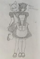  alternate_costume animal_ears apron black_dress cat_ears cat_girl catty_(bone_nigi) dated dress enmaided graphite_(medium) greyscale hatching_(texture) highres kurogai_(bone_nigi) looking_at_viewer maid maid_apron maid_headdress monochrome original pencil sergent_magnom short_hair signature sketch smile traditional_media tray white_apron 