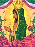  1girl brown_eyes brown_hair cape christian_mythology christianity crown dark_skin dress flower from_side glowing green_cape highres looking_at_viewer mexican_flag pink_dress rose salas0627 smile solo virgin_mary virgin_of_guadalupe 