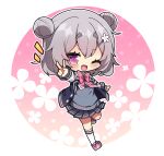  1girl ;d black_jacket black_skirt bow chibi collared_shirt commentary_request double_bun floral_background flower full_body grey_hair hair_between_eyes hair_bun hair_flower hair_ornament hairclip highres jacket koharu_rikka letterman_jacket long_sleeves looking_at_viewer milkpanda notice_lines one_eye_closed open_clothes open_jacket outstretched_arm pink_background pink_bow pink_footwear pleated_skirt ribbed_legwear round_image school_uniform shirt shoes short_eyebrows skirt smile socks solo sweater_vest synthesizer_v thick_eyebrows two-tone_background v violet_eyes white_background white_flower white_shirt white_socks 